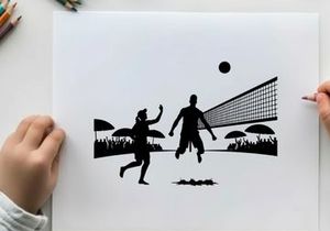 Silhouette of two men playing volleyball outdoors at night