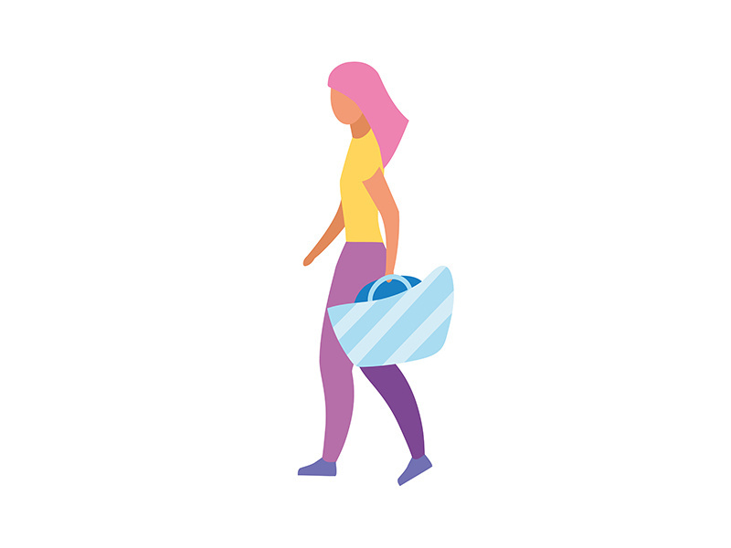 Girl with blue beach bag semi flat color vector character