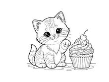 Cute kitten with cupcake vector illustration flat design
