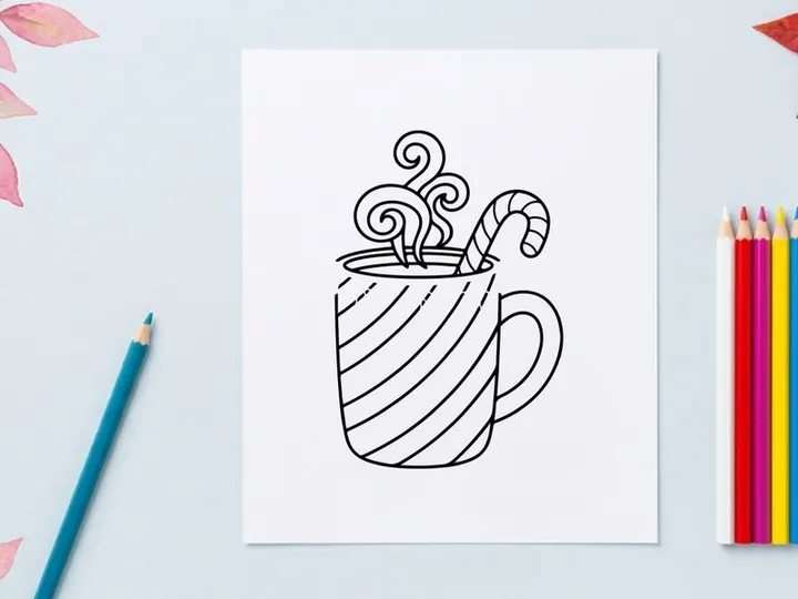 Hand-drawn steaming Christmas coffee mug with candy cane stirrer and swirl steam illustration
