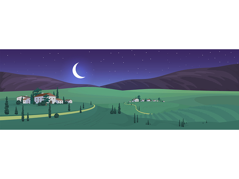 Night view of old Italian village flat color vector illustration