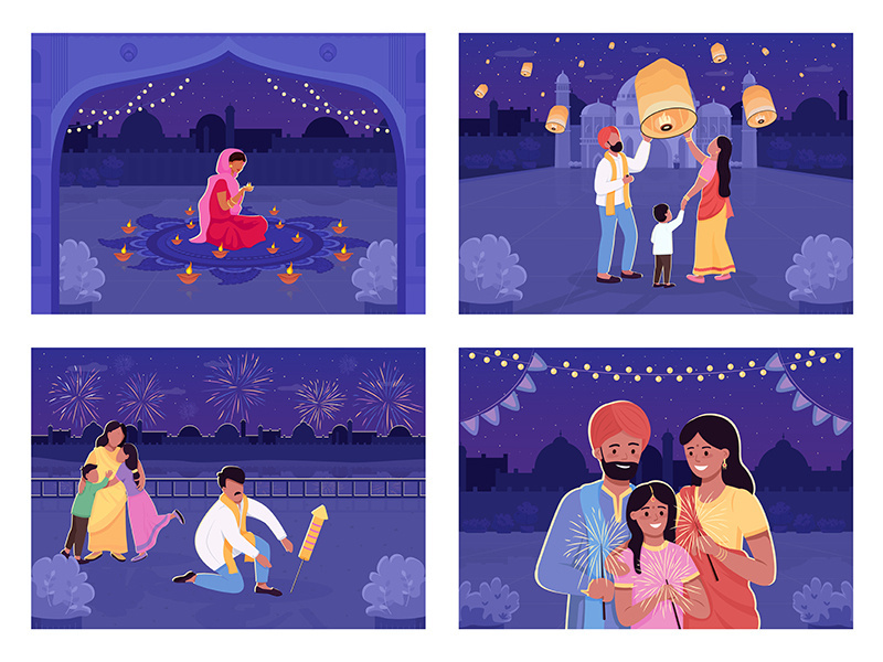People celebrate Hindu holiday flat color vector illustration set
