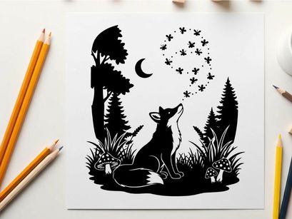 A fox in silhouette howls at the crescent moon silhouette