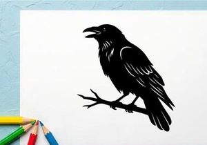 Black Crow Silhouette Perched on Branch for Nature and Bird Themes