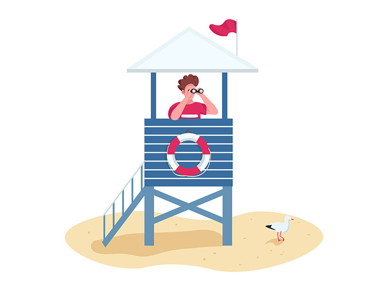Rescuer with binoculars in lifeguard tower flat color vector faceless character