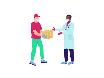 Delivery man giving vaccine package to doctor flat color vector faceless characters preview picture