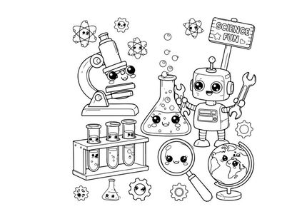 Cute science robot and lab tools vector illustration flat design