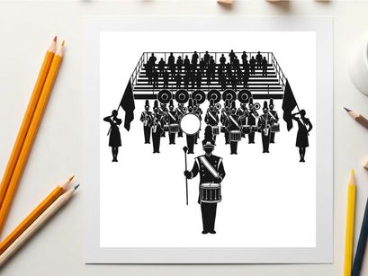 Silhouette of a marching band performing on bleachers with drum major leading