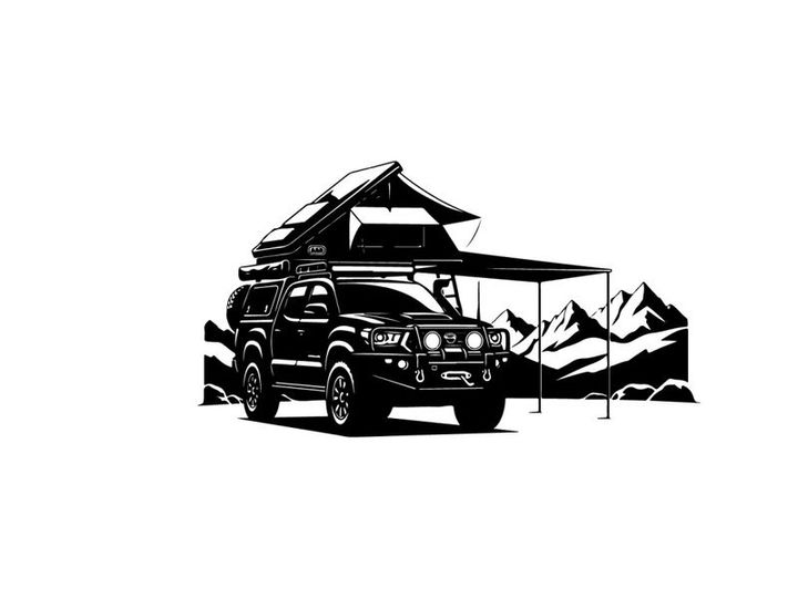 Silhouette of a car with a roof tent and awning in a mountainous landscape