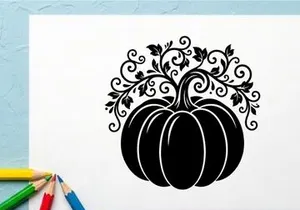 Silhouette of a pumpkin with swirling vine patterns for Halloween or fall decor