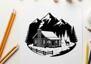 Cozy cabin silhouette in snowy mountain forest landscape