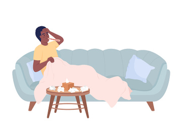 Man with high temperature resting on sofa semi flat color vector character preview picture