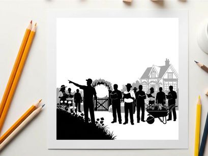 Silhouette of people standing in front of a large house with a gate