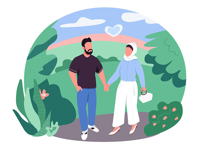 Arabian couple on walk 2D vector web banner, poster
