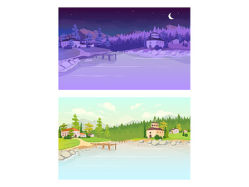 Day and night village flat color vector illustration preview picture
