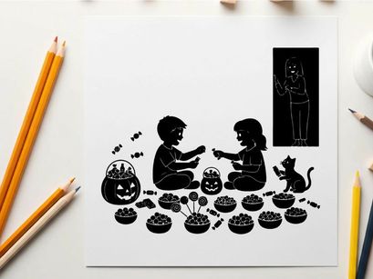 Halloween silhouette of children and cat with jack o lanterns and treats
