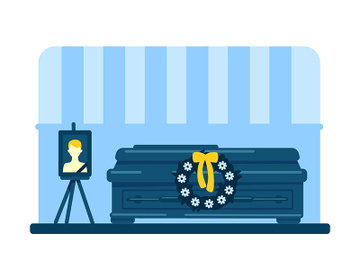 Dead young man coffin and photo flat color vector illustration preview picture