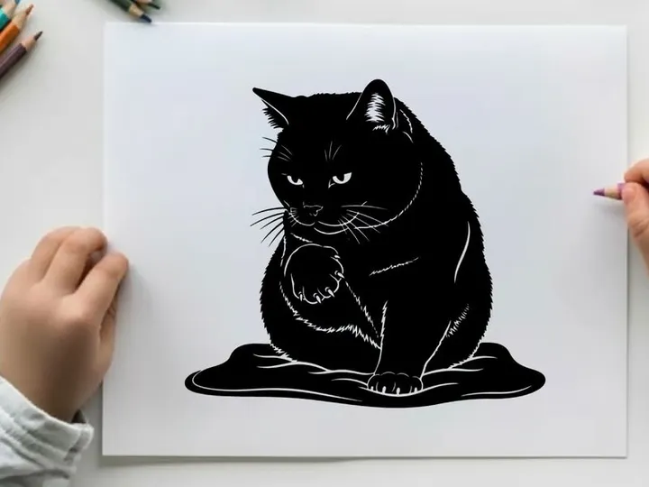 Silhouette of a black cat sitting on a mat