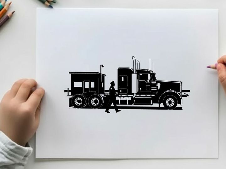 Silhouette of a man walking beside a large truck with trailer