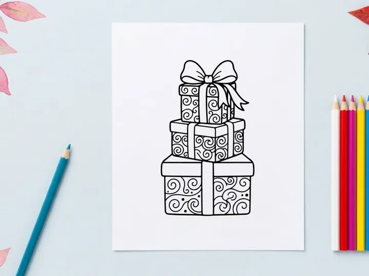 Stack of Christmas gift boxes with ribbons, black and white line art illustration.