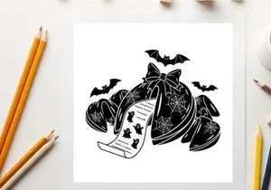 Halloween silhouette of witch hat with bats and scroll