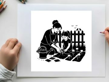 Silhouette of a woman and child gardening together outside preview picture