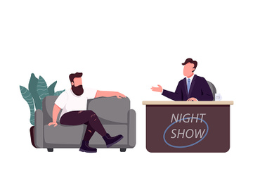 Talk show host and guest flat color vector faceless characters preview picture