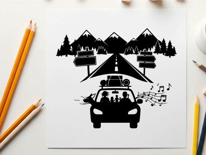 Family road trip adventure silhouette to mountains and forest