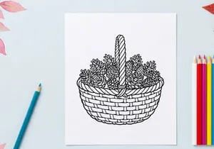 Line Art Illustration of a Wicker Basket Filled with Pine Cones
