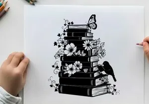 Silhouette of books with flowers butterfly and bird on a white background