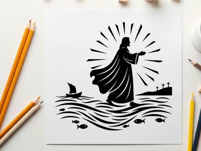 Jesus christ walking on water silhouette with sun rays