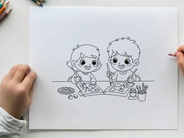 Two kids eating pizza vector illustration flat design preview picture