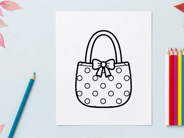 Hand-drawn polka dot gift bag with bow for celebrations. Cute cartoon shopping tote illustration for holidays and parties.