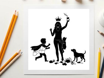 Silhouette of a woman and children playing with a dog outdoors