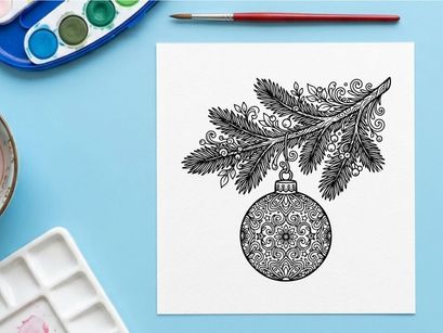 Hand-drawn Christmas ornament with intricate snowflake and pine wreath design for festive decor