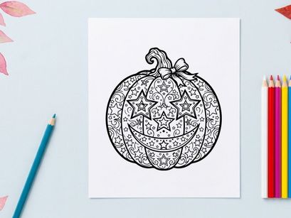 Página para colorear calabaza decorativa. Ilustración intrincada de calabaza de Halloween con estrellas y lazo.