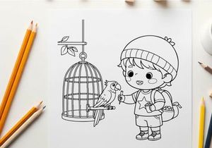 Child with parrot in cage vector illustration flat design