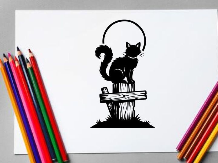 Silhouette Kucing Hitam Duduk di Tiang Kayu dengan Ranting Melengkung