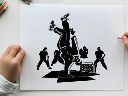 Breakdancing silhouette performance with boombox and crew