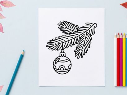 Ilustração vetorial de galho de árvore de Natal com enfeite pendurado em arte de linha