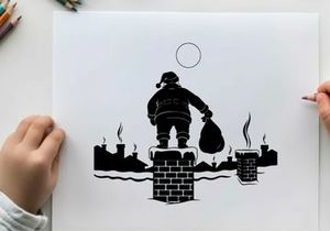 Santa claus silhouette on a snowy rooftop with a sack