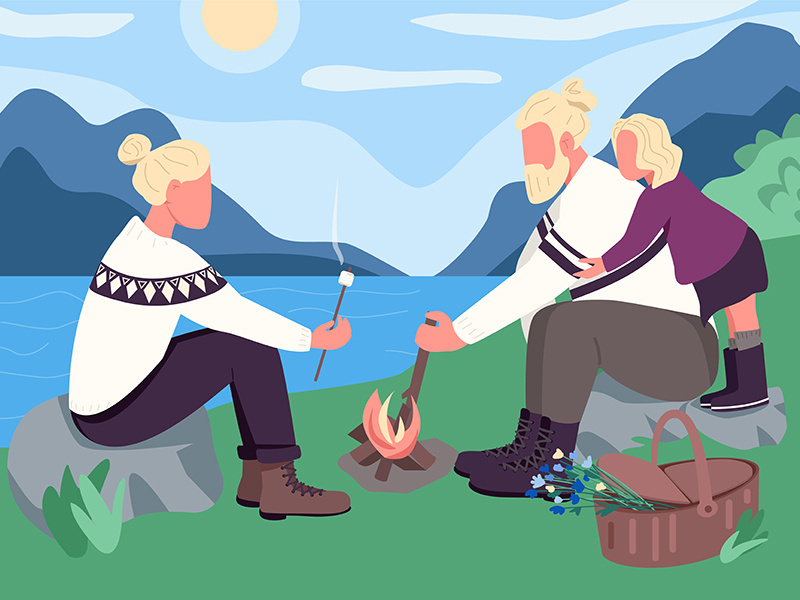 Nordic family picnic flat color vector illustration