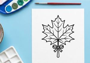 Stylized maple leaf illustration with bow. Elegant botanical design for branding and decor.