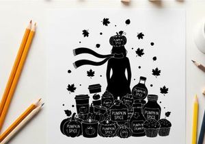 Silhouette of a woman surrounded by autumnal items and maple leaves silhouette
