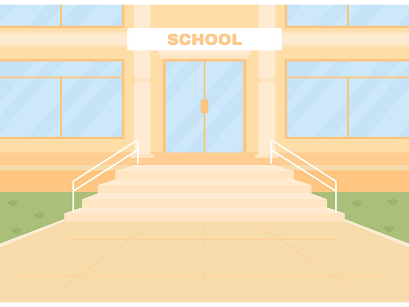Daylight empty school entrance flat color vector illustration