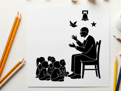 Silhouette of a man telling stories to children with silhouette