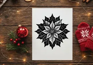 Black and white poinsettia flower illustration, hand drawn Christmas botanical icon.