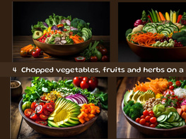 Chopped vegetables, fruits and herbs on a plate preview picture