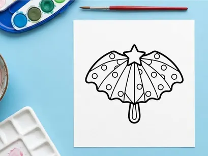 Hand-drawn Halloween paper umbrella with polka dots and star. Spooky party accessory for festive decorations and crafts.