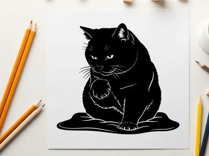 Silhouette of a black cat sitting on a mat